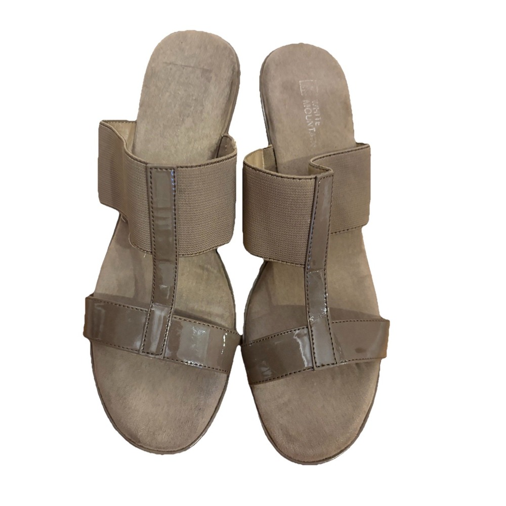 Women's Tan Wedge Sandals Slip On Comfort Elastic T Strap Size 10M - Picture 2 of 7